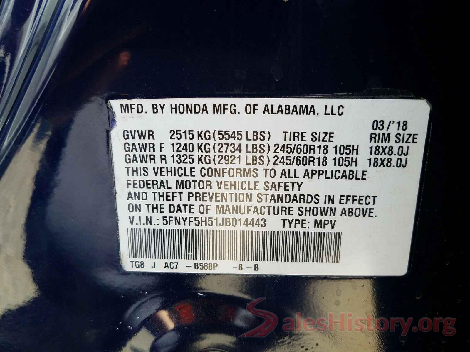 5FNYF5H51JB014443 2018 HONDA PILOT