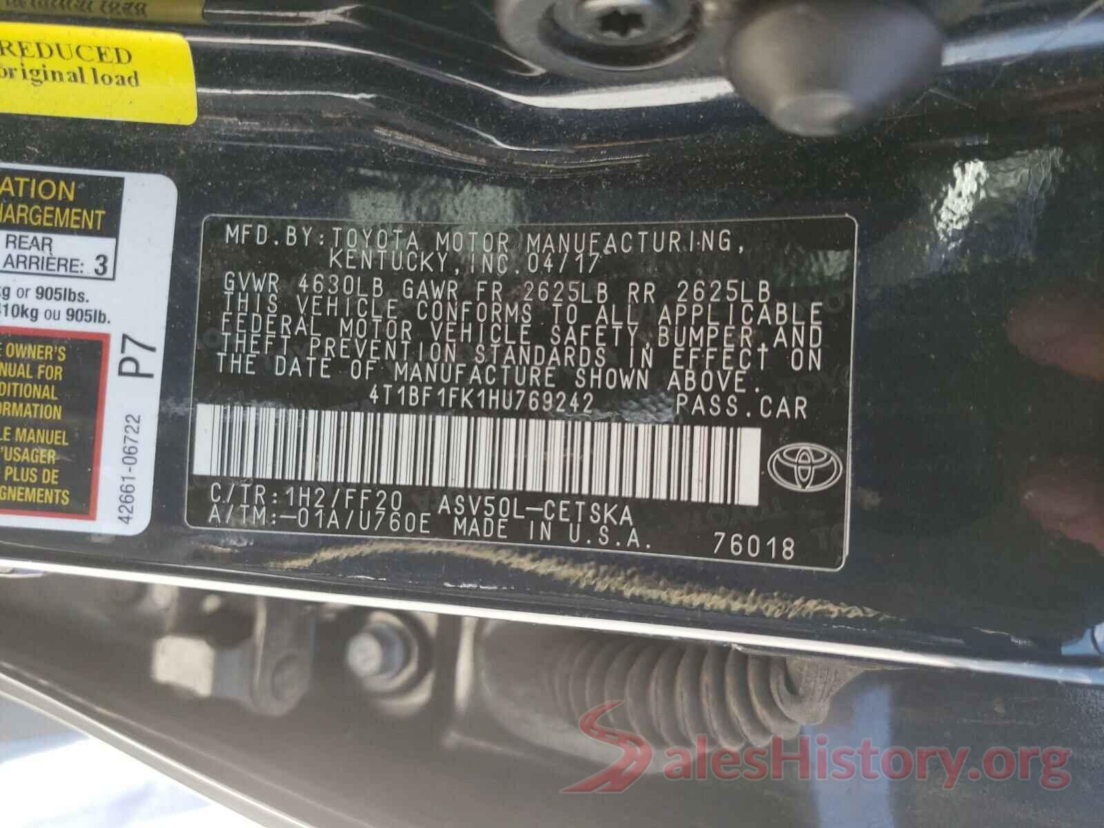 4T1BF1FK1HU769242 2017 TOYOTA CAMRY