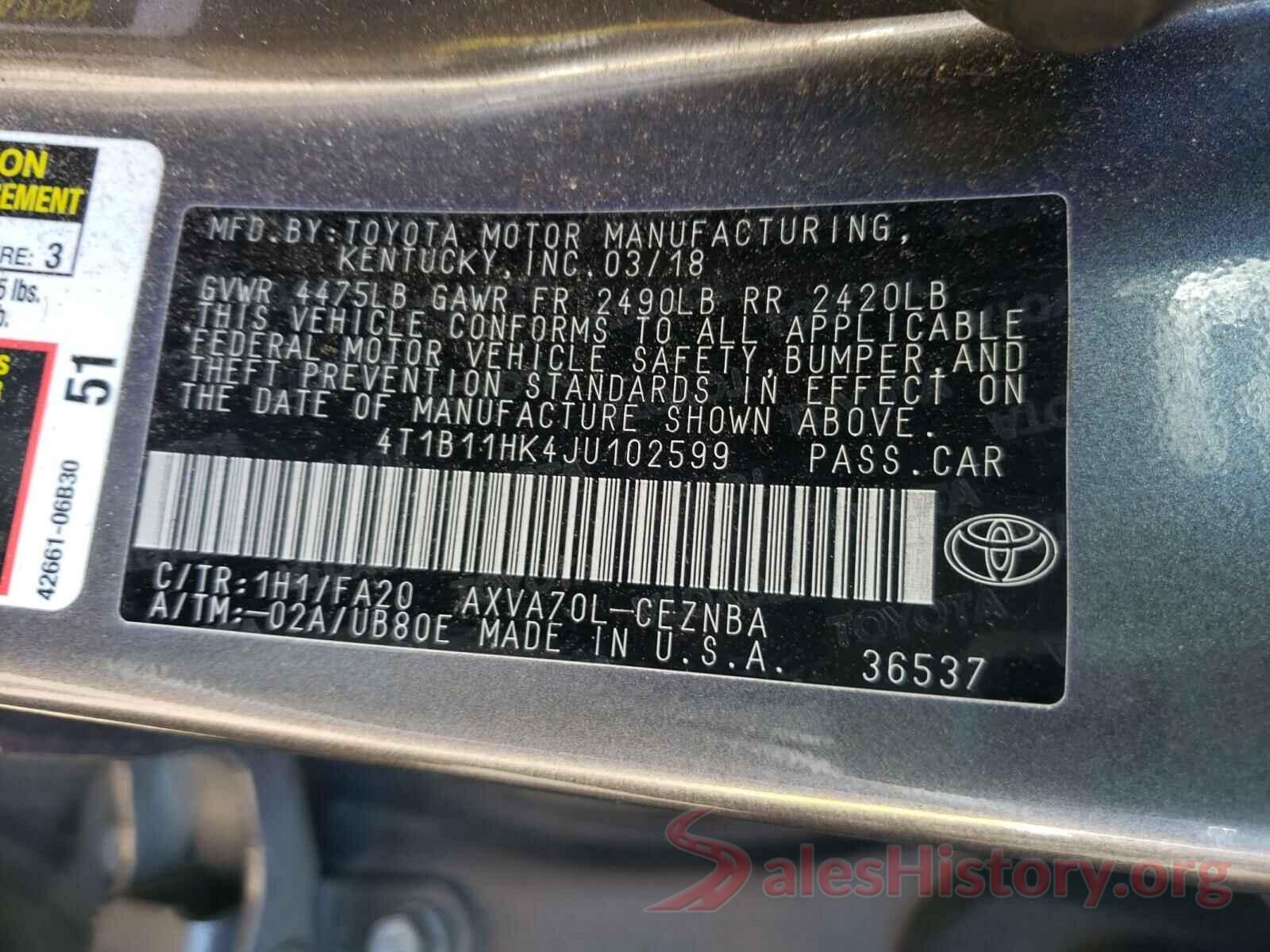 4T1B11HK4JU102599 2018 TOYOTA CAMRY