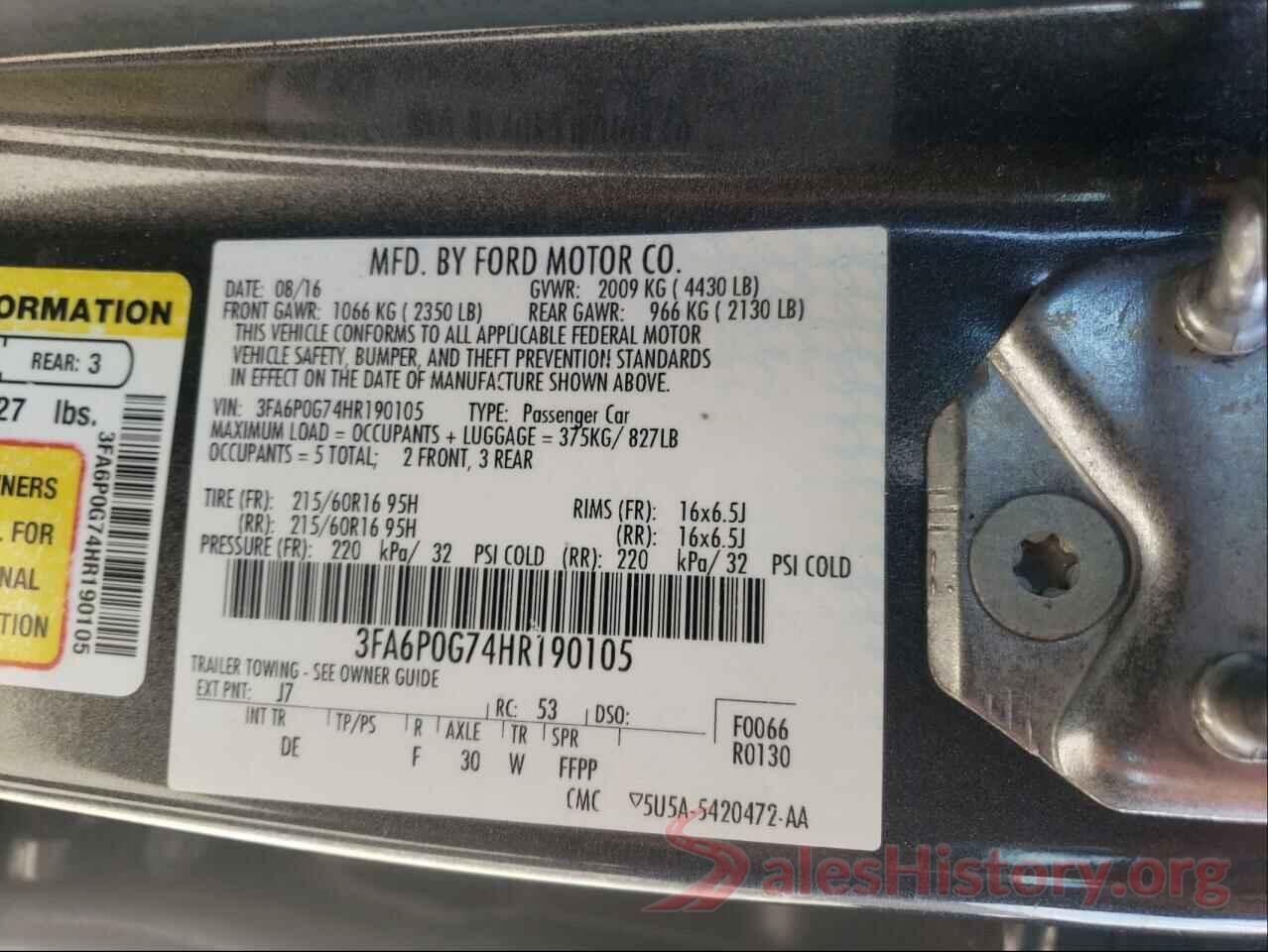 3FA6P0G74HR190105 2017 FORD FUSION