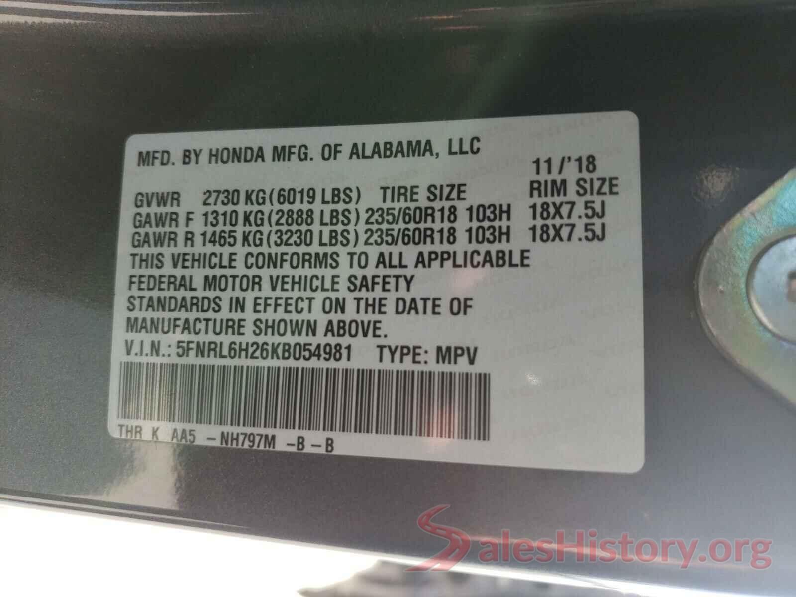 5FNRL6H26KB054981 2019 HONDA ODYSSEY