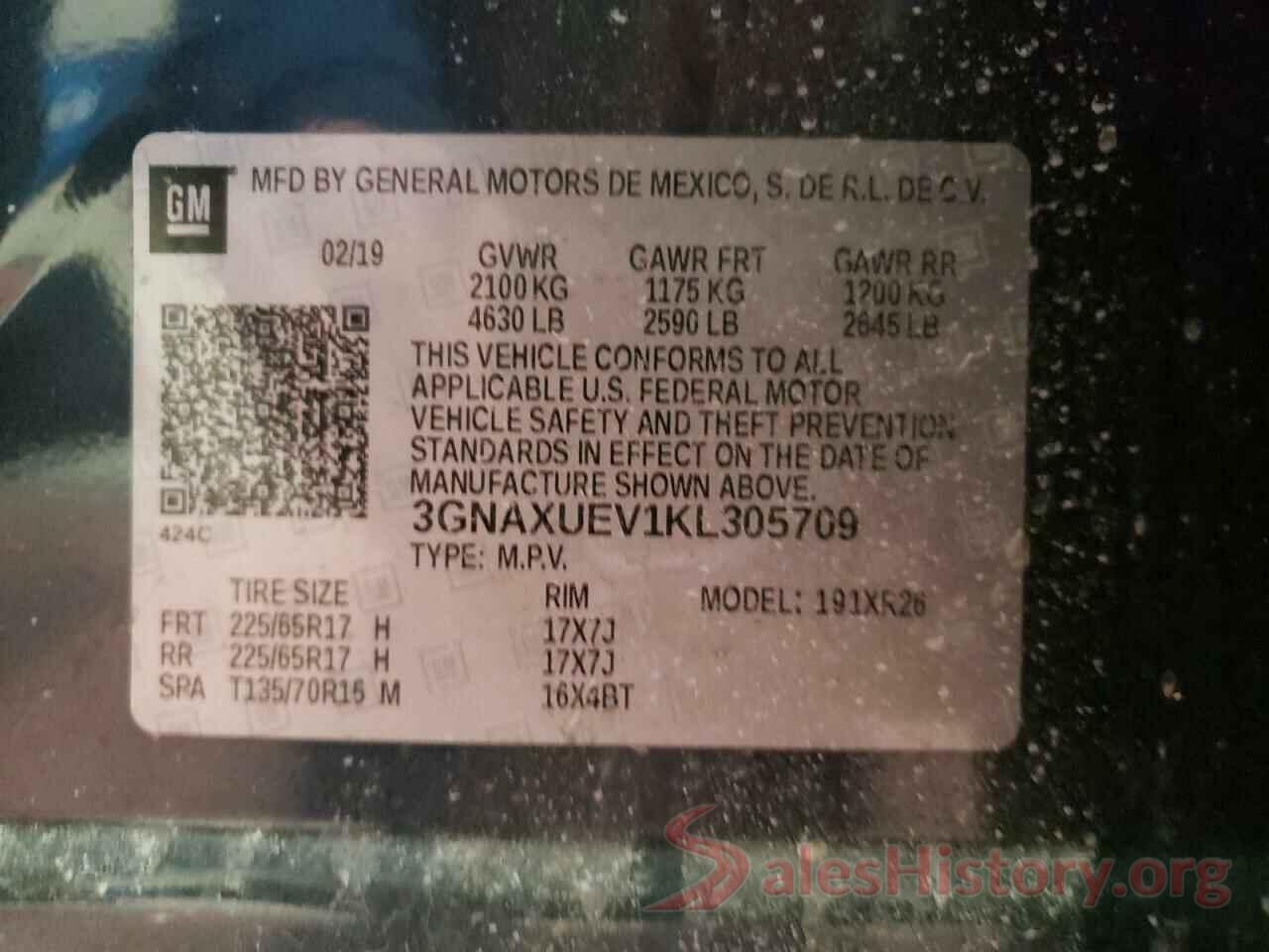 3GNAXUEV1KL305709 2019 CHEVROLET EQUINOX