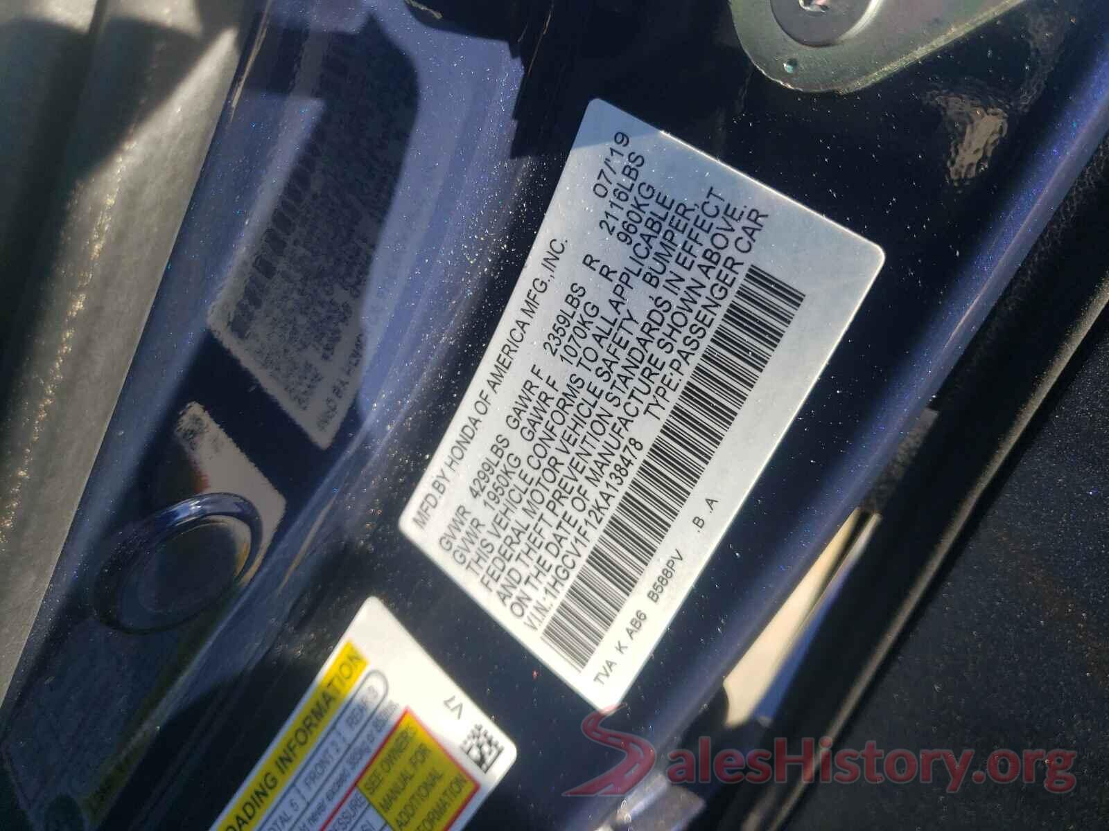 1HGCV1F12KA138478 2019 HONDA ACCORD