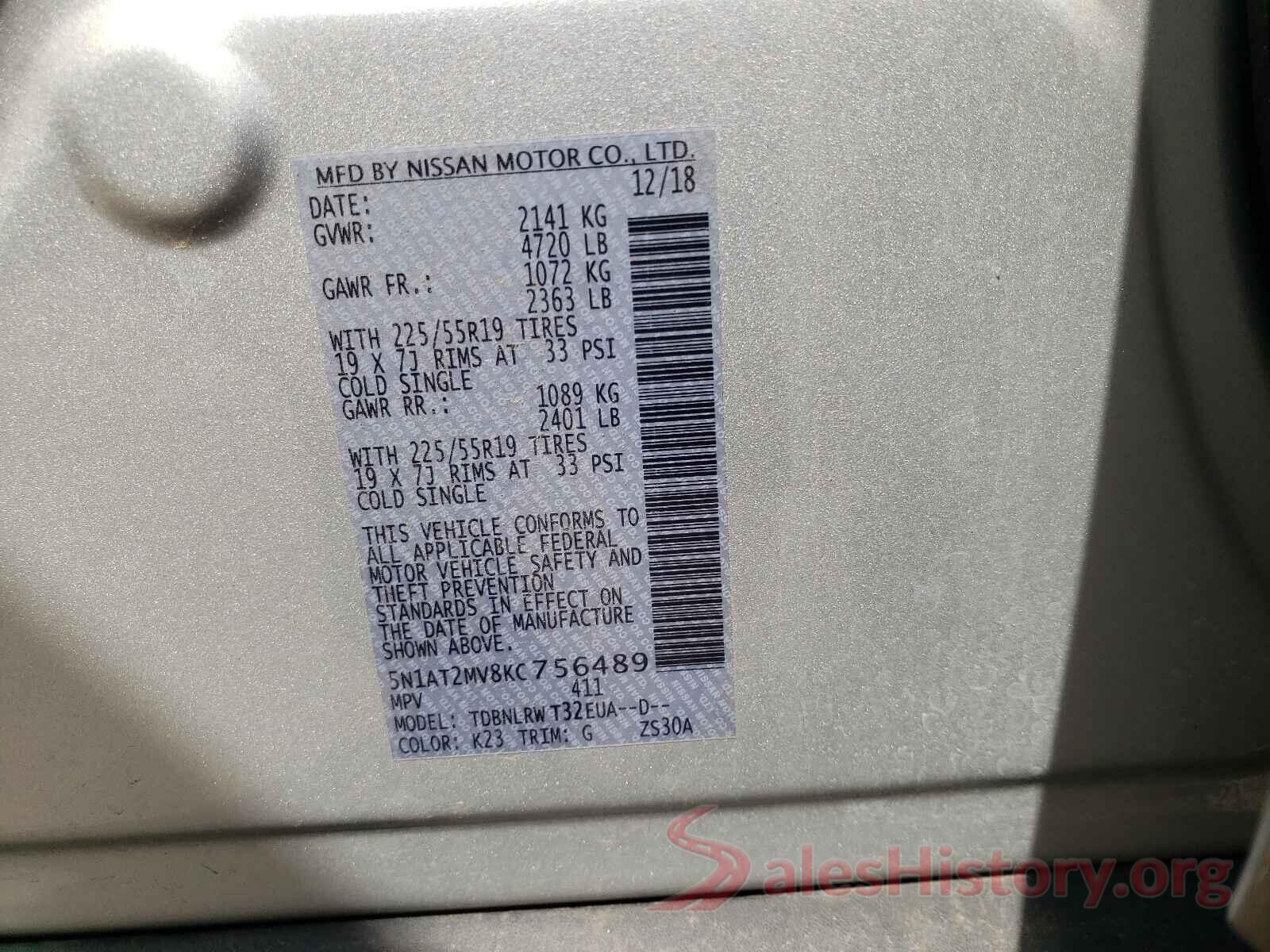 5N1AT2MV8KC756489 2019 NISSAN ROGUE