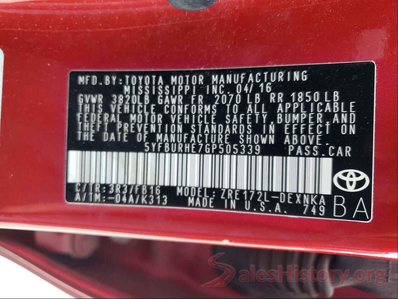 5YFBURHE7GP505339 2016 TOYOTA COROLLA