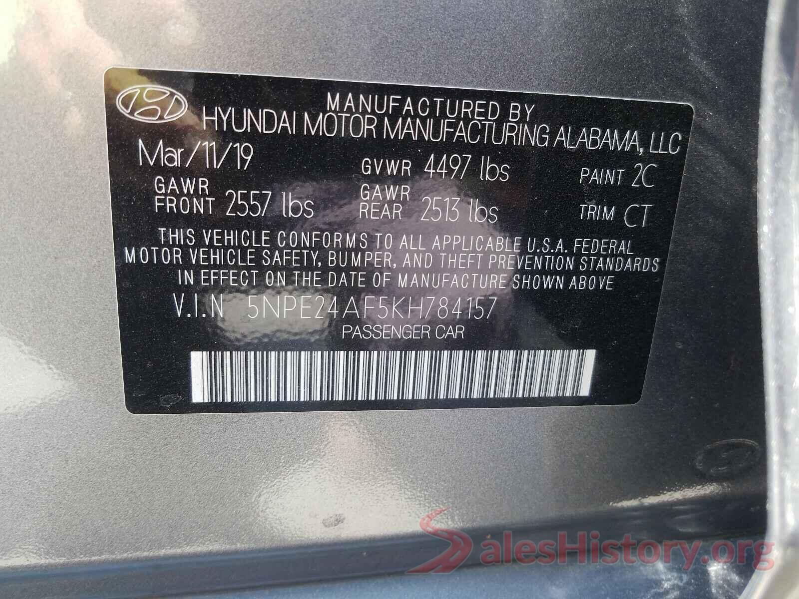 5NPE24AF5KH784157 2019 HYUNDAI SONATA