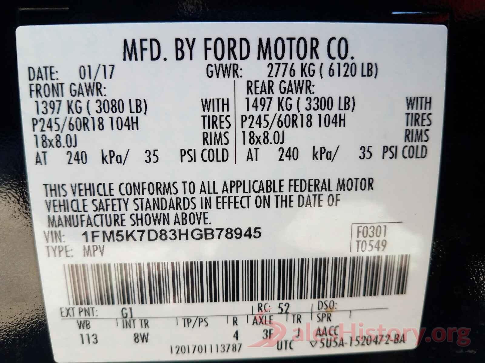 1FM5K7D83HGB78945 2017 FORD EXPLORER