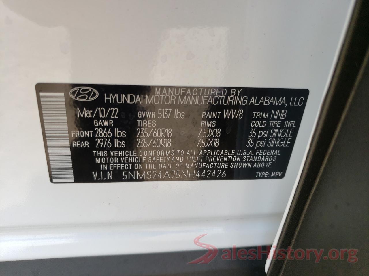 5NMS24AJ5NH442426 2022 HYUNDAI SANTA FE