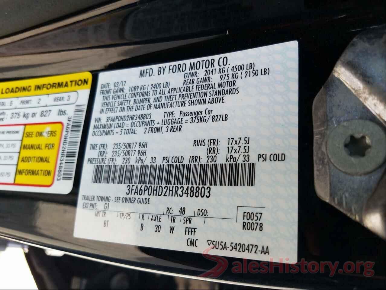 3FA6P0HD2HR348803 2017 FORD FUSION