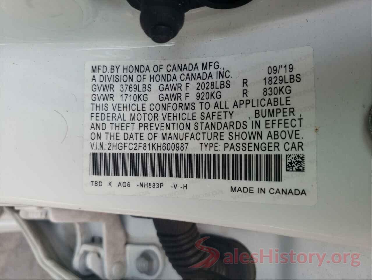 2HGFC2F81KH600987 2019 HONDA CIVIC