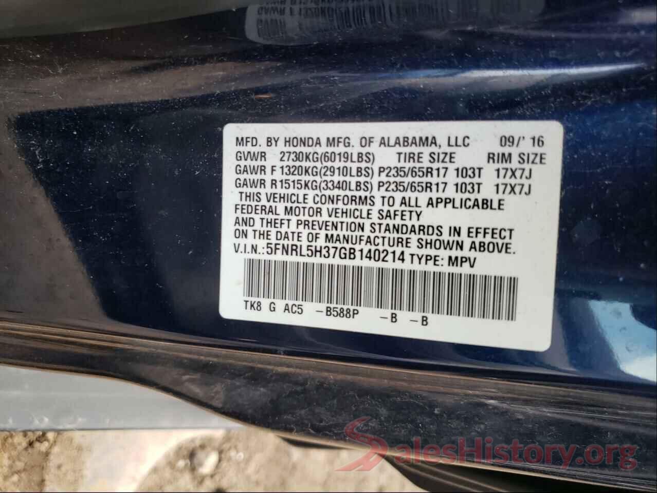 5FNRL5H37GB140214 2016 HONDA ODYSSEY