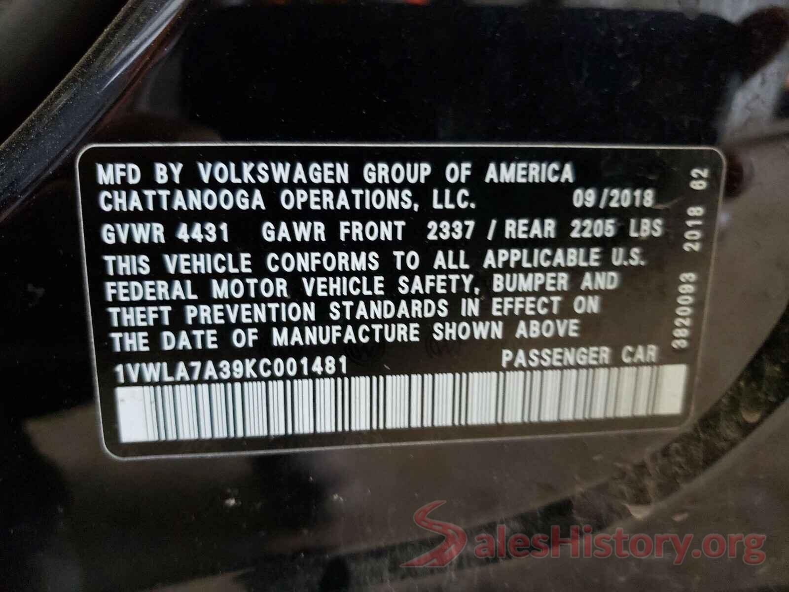 1VWLA7A39KC001481 2019 VOLKSWAGEN PASSAT