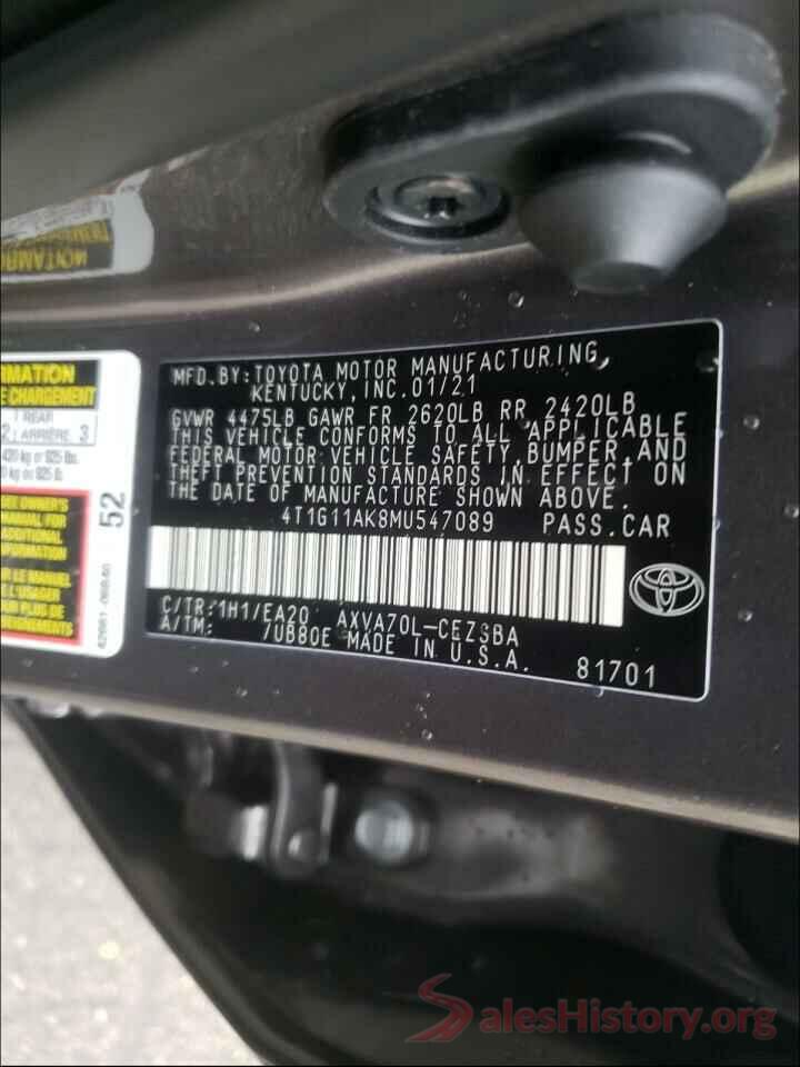 4T1G11AK8MU547089 2021 TOYOTA CAMRY