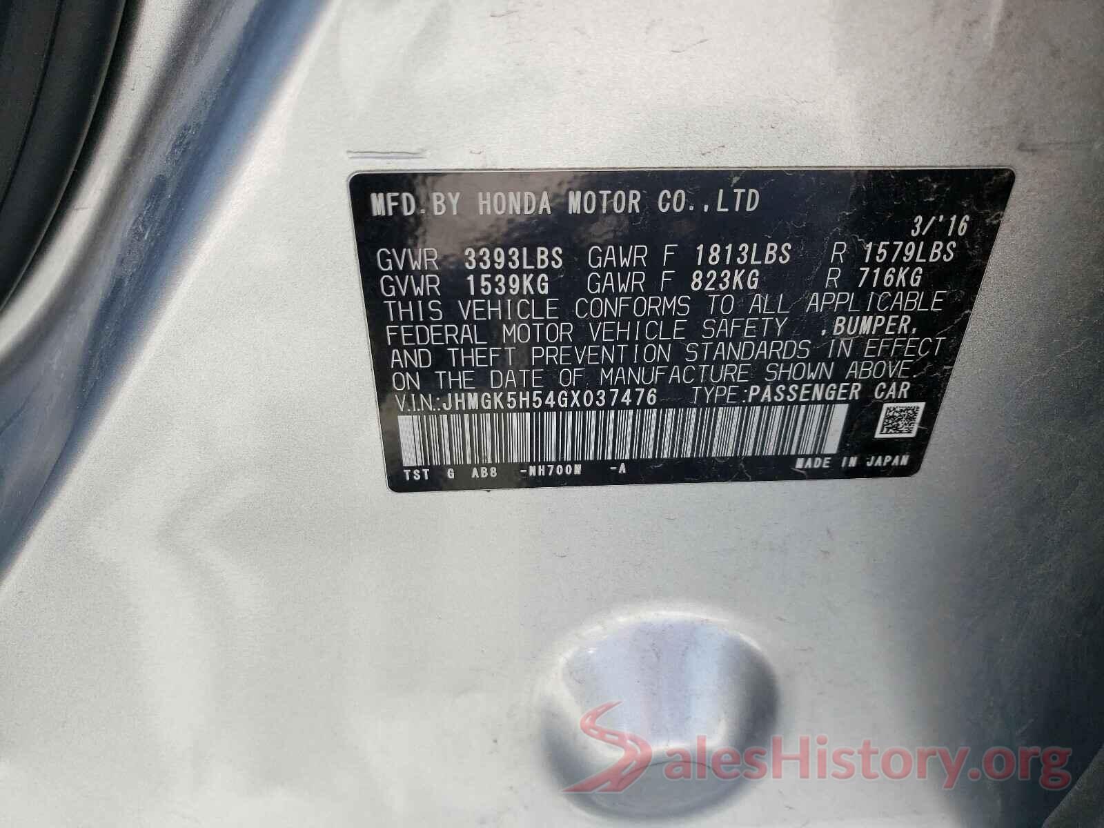 JHMGK5H54GX037476 2016 HONDA FIT