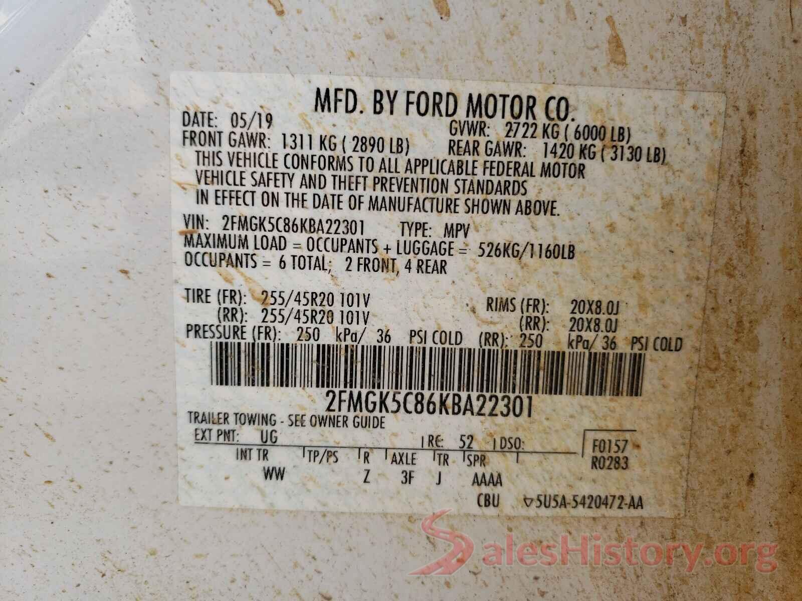 2FMGK5C86KBA22301 2019 FORD FLEX