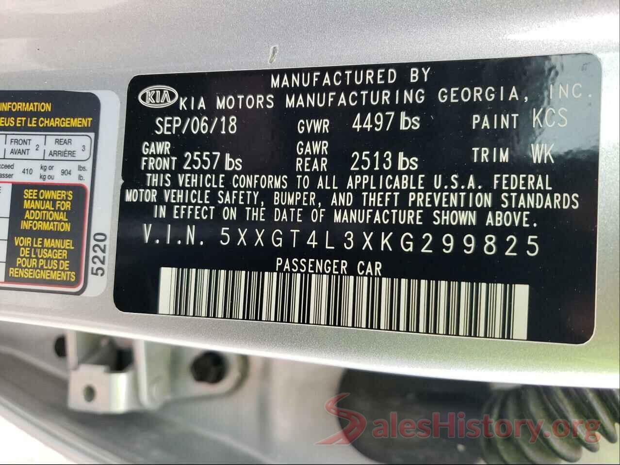 5XXGT4L3XKG299825 2019 KIA OPTIMA