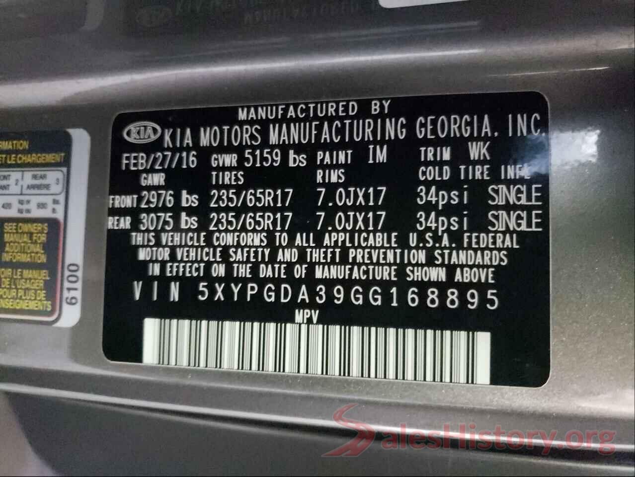 5XYPGDA39GG168895 2016 KIA SORENTO