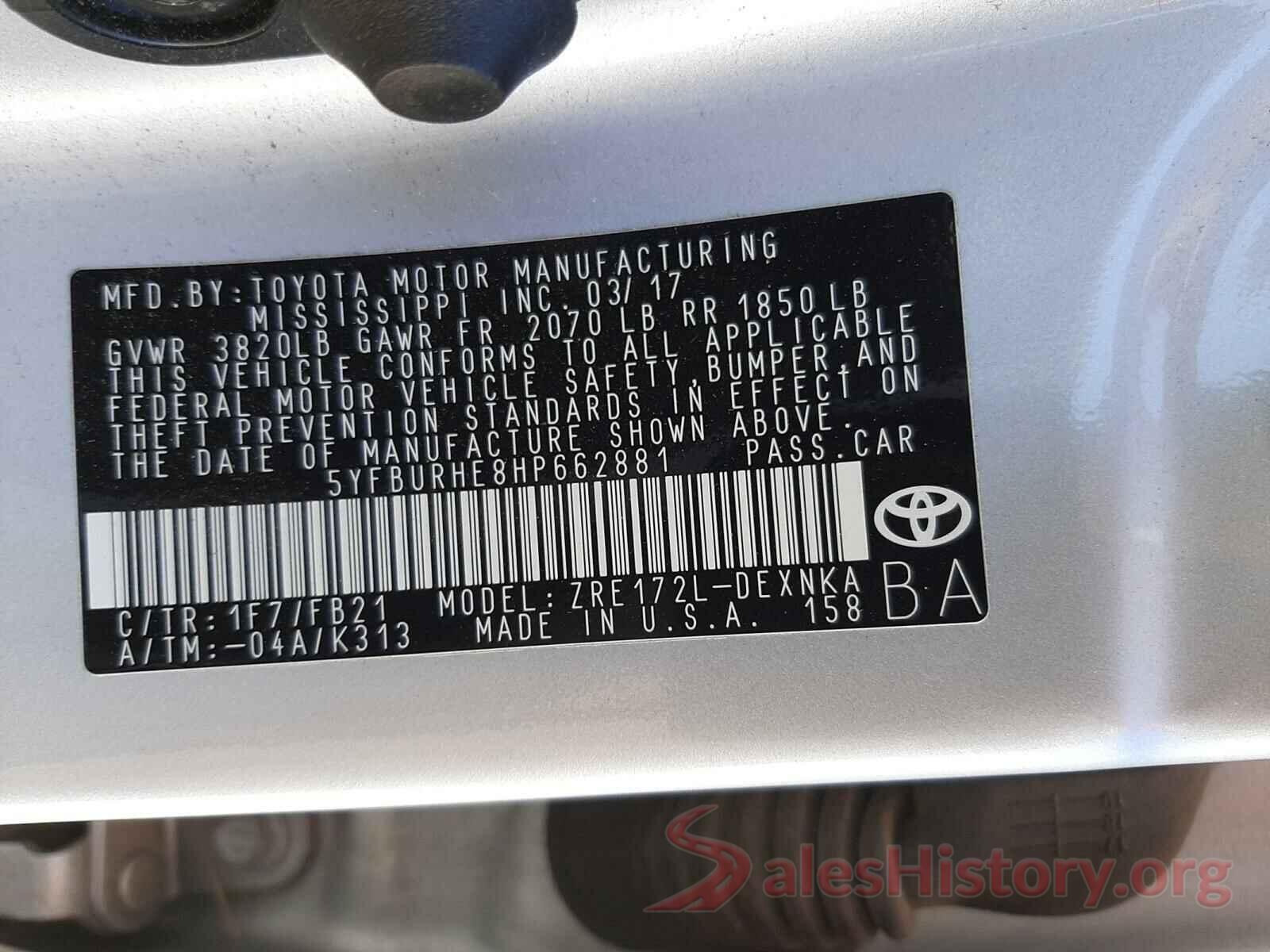 5YFBURHE8HP662881 2017 TOYOTA COROLLA