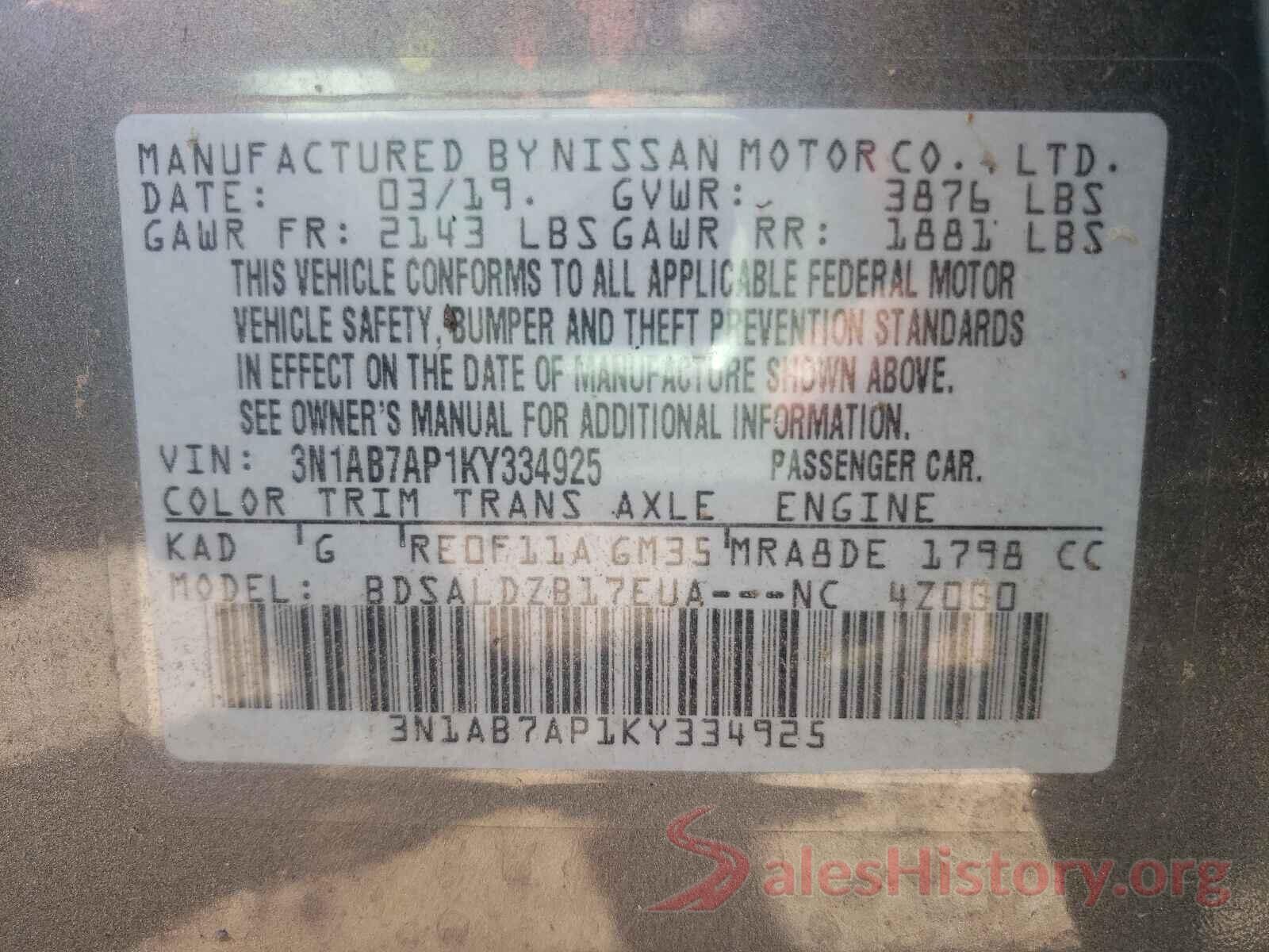 3N1AB7AP1KY334925 2019 NISSAN SENTRA