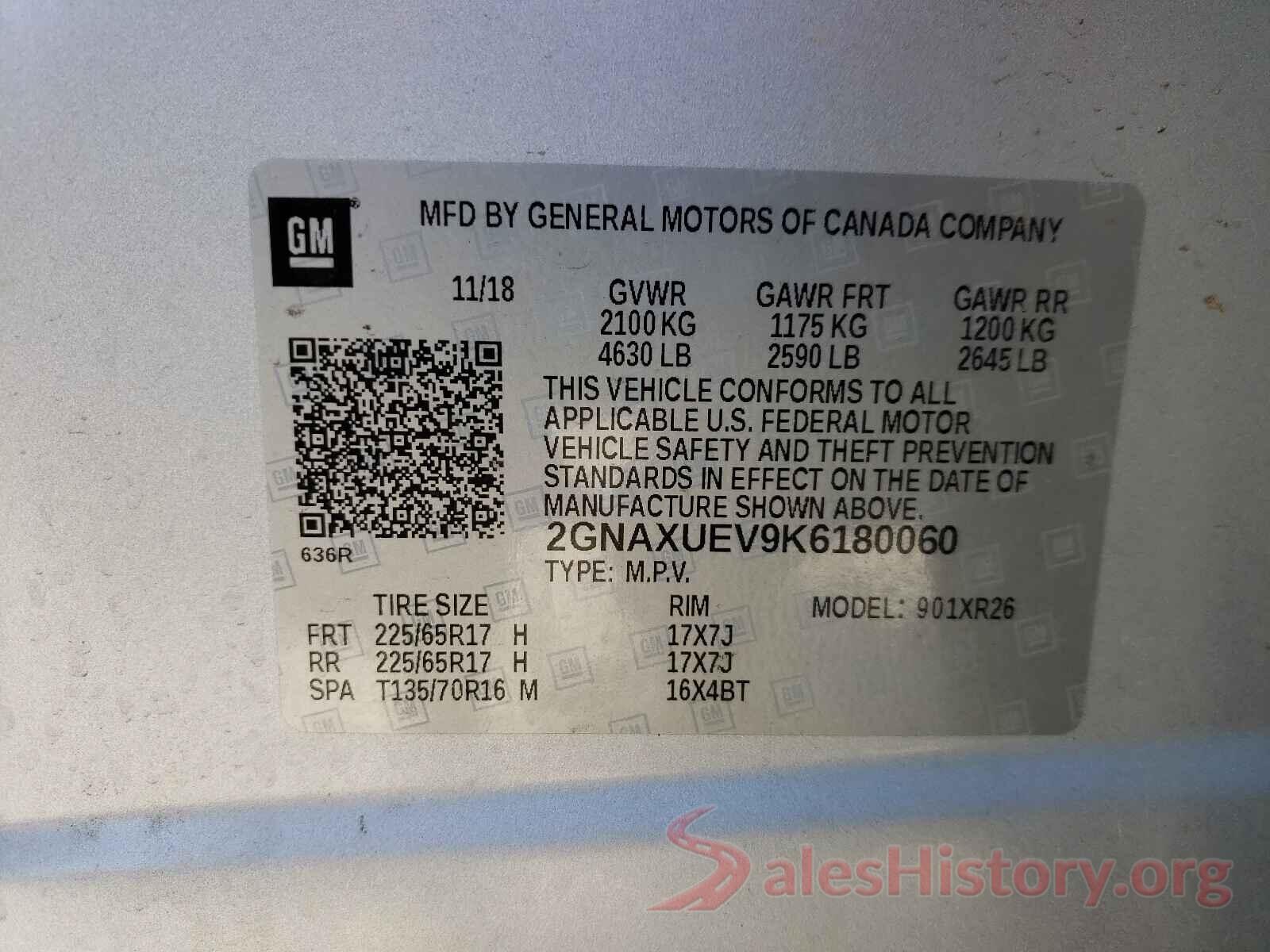 2GNAXUEV9K6180060 2019 CHEVROLET EQUINOX