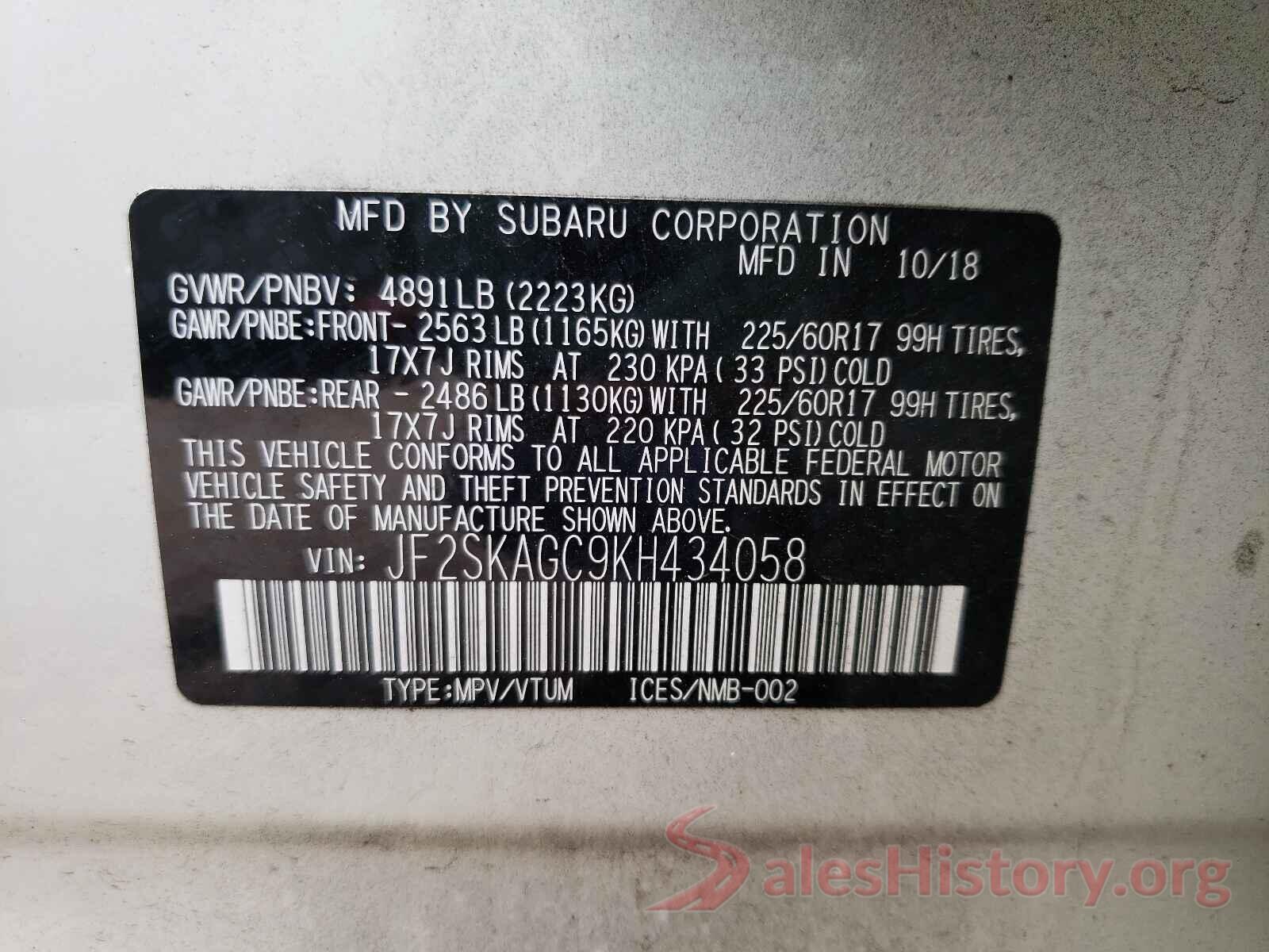 JF2SKAGC9KH434058 2019 SUBARU FORESTER