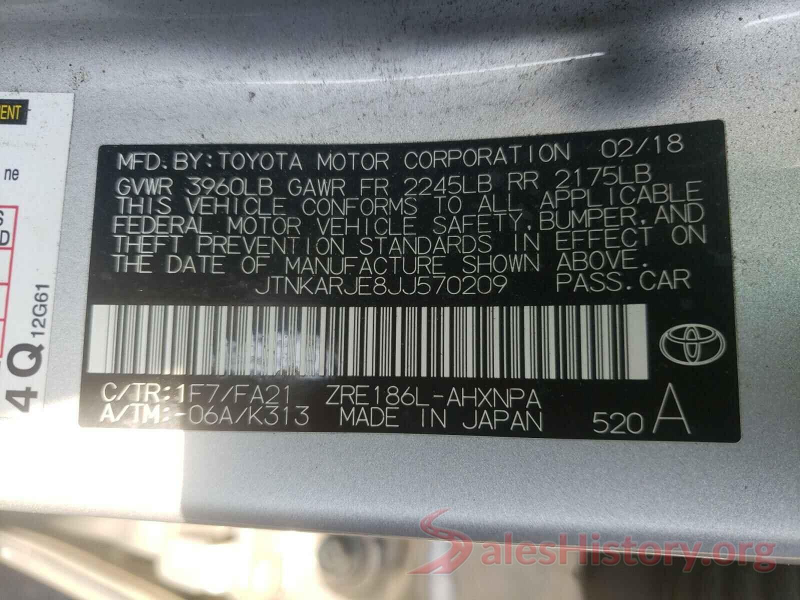 JTNKARJE8JJ570209 2018 TOYOTA COROLLA