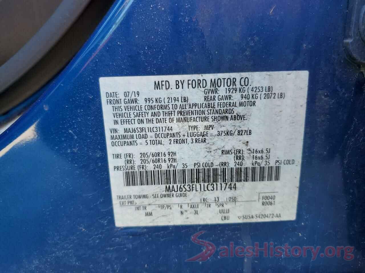 MAJ6S3FL1LC311744 2020 FORD ECOSPORT