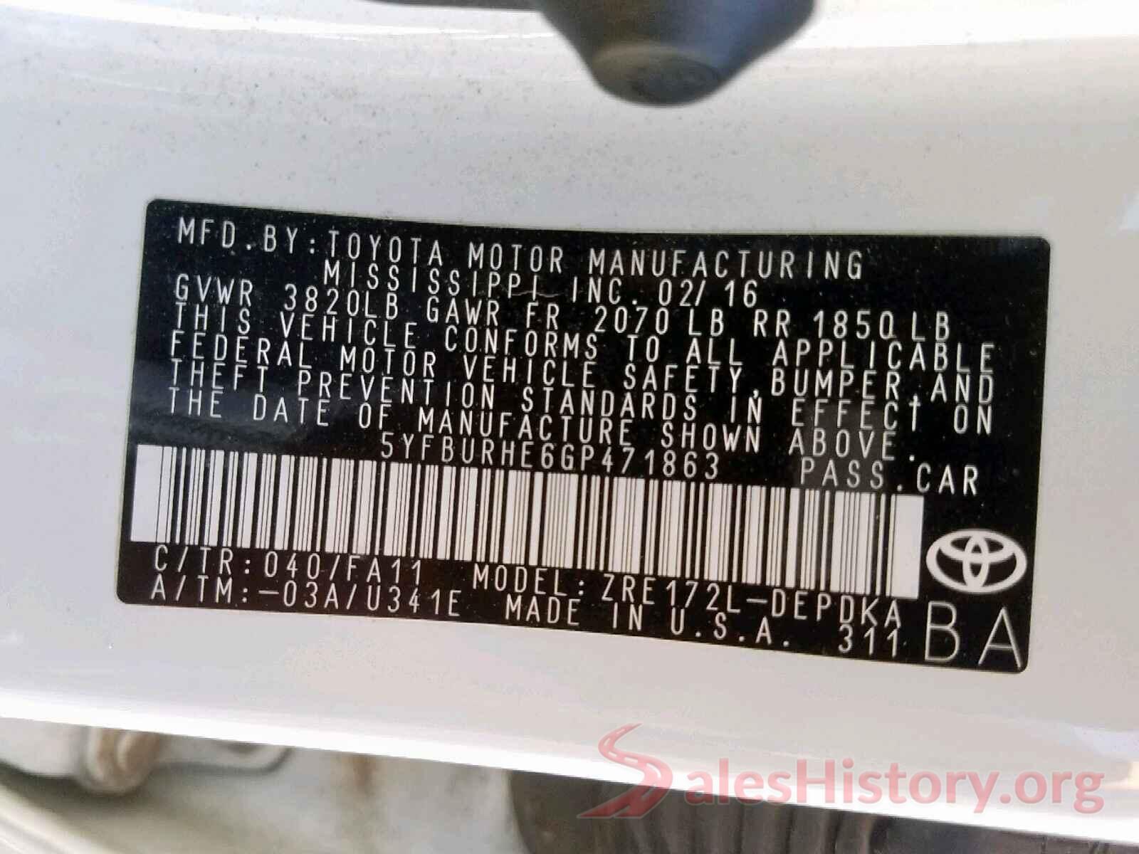 5YFBURHE6GP471863 2016 TOYOTA COROLLA