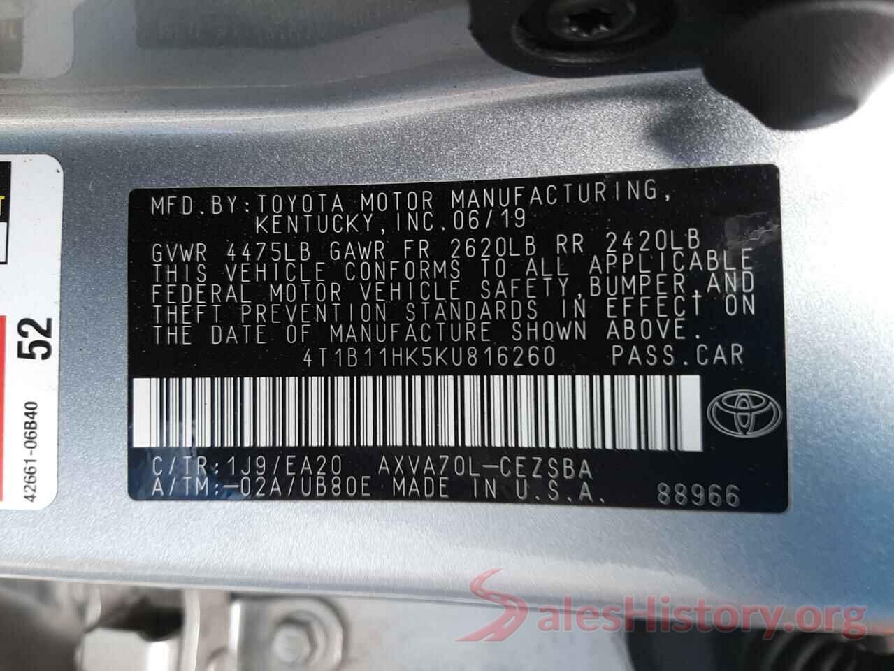 4T1B11HK5KU816260 2019 TOYOTA CAMRY