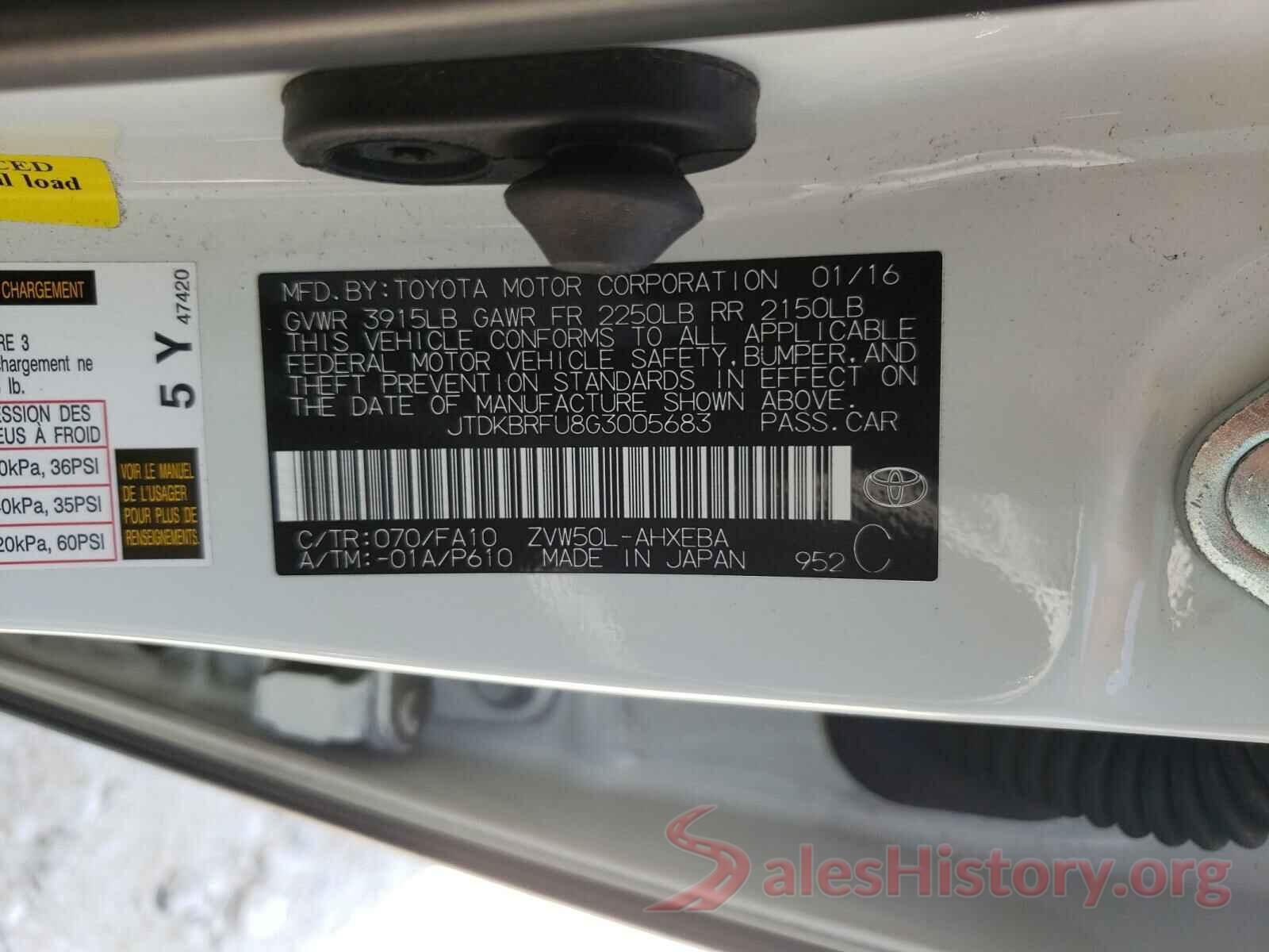 JTDKBRFU8G3005683 2016 TOYOTA PRIUS