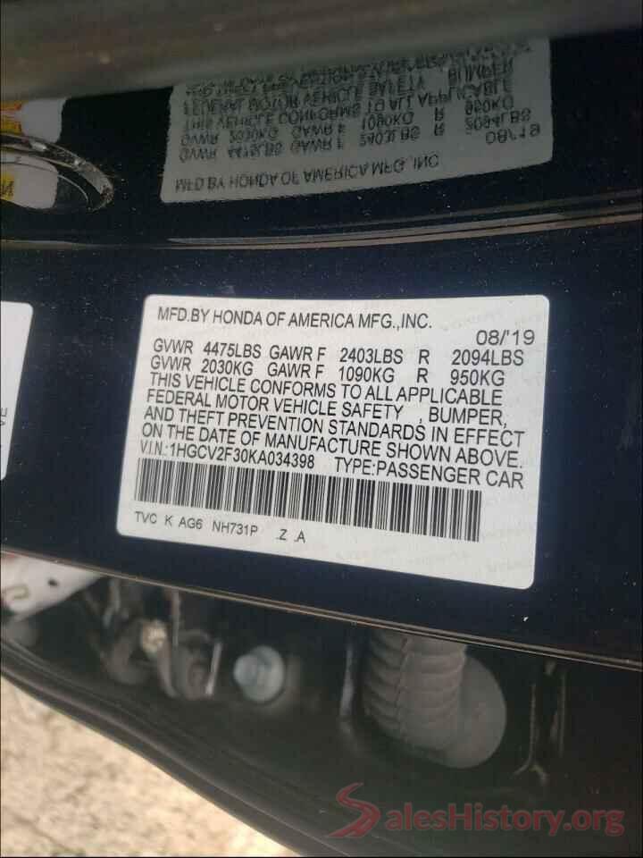 1HGCV2F30KA034398 2019 HONDA ACCORD