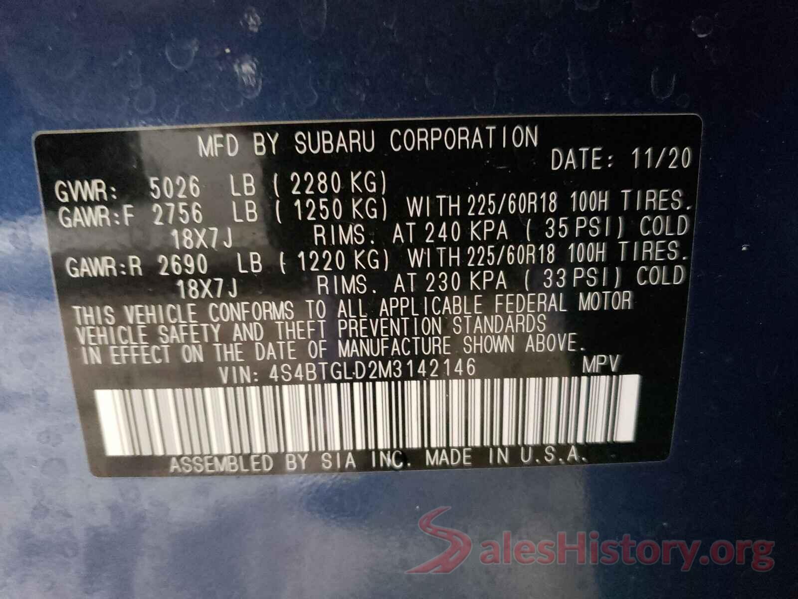 4S4BTGLD2M3142146 2021 SUBARU OUTBACK