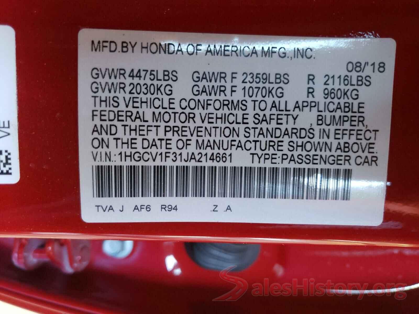 1HGCV1F31JA214661 2018 HONDA ACCORD