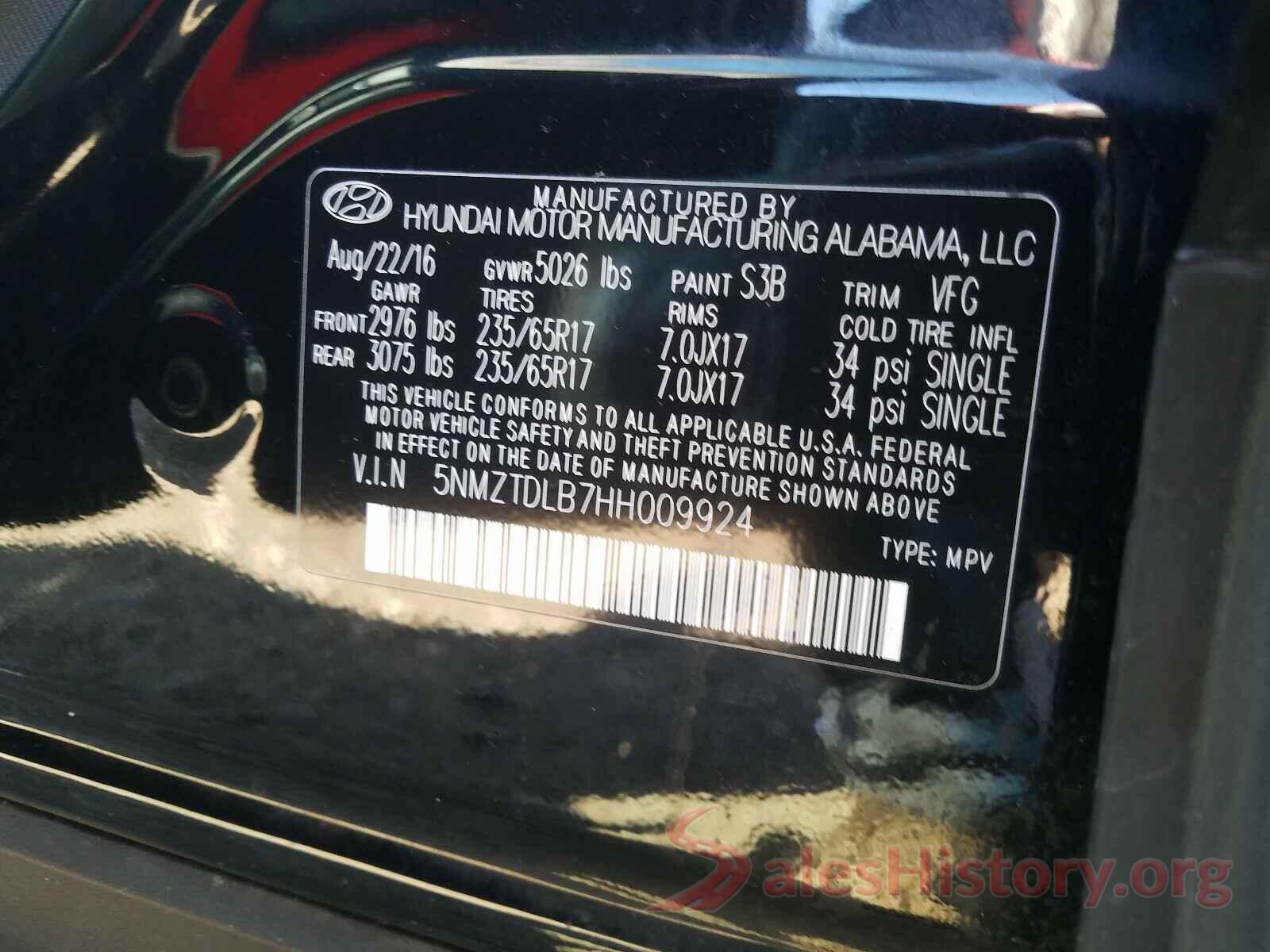 5NMZTDLB7HH009924 2017 HYUNDAI SANTA FE