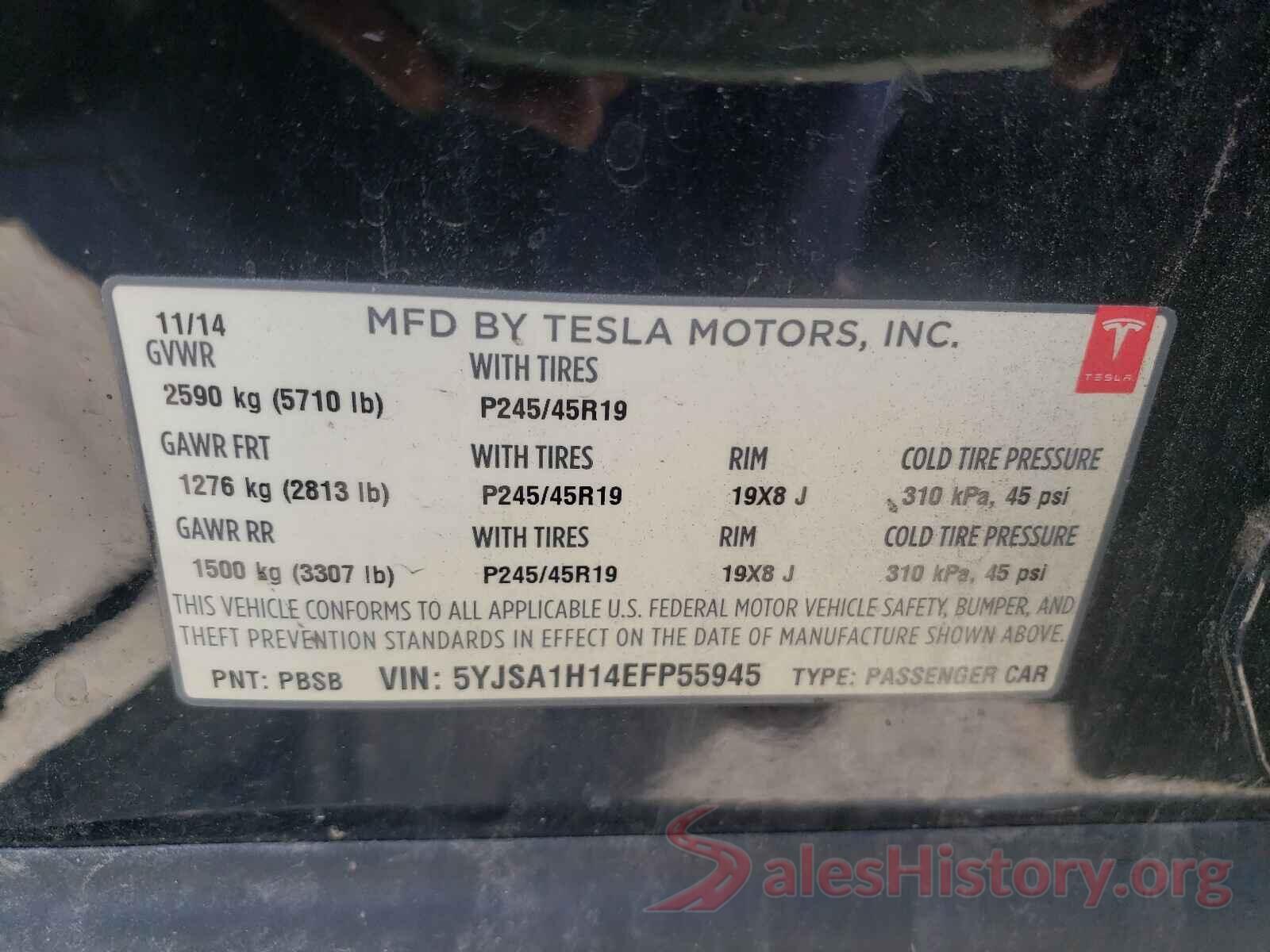 5YJSA1H14EFP55945 2014 TESLA MODEL S