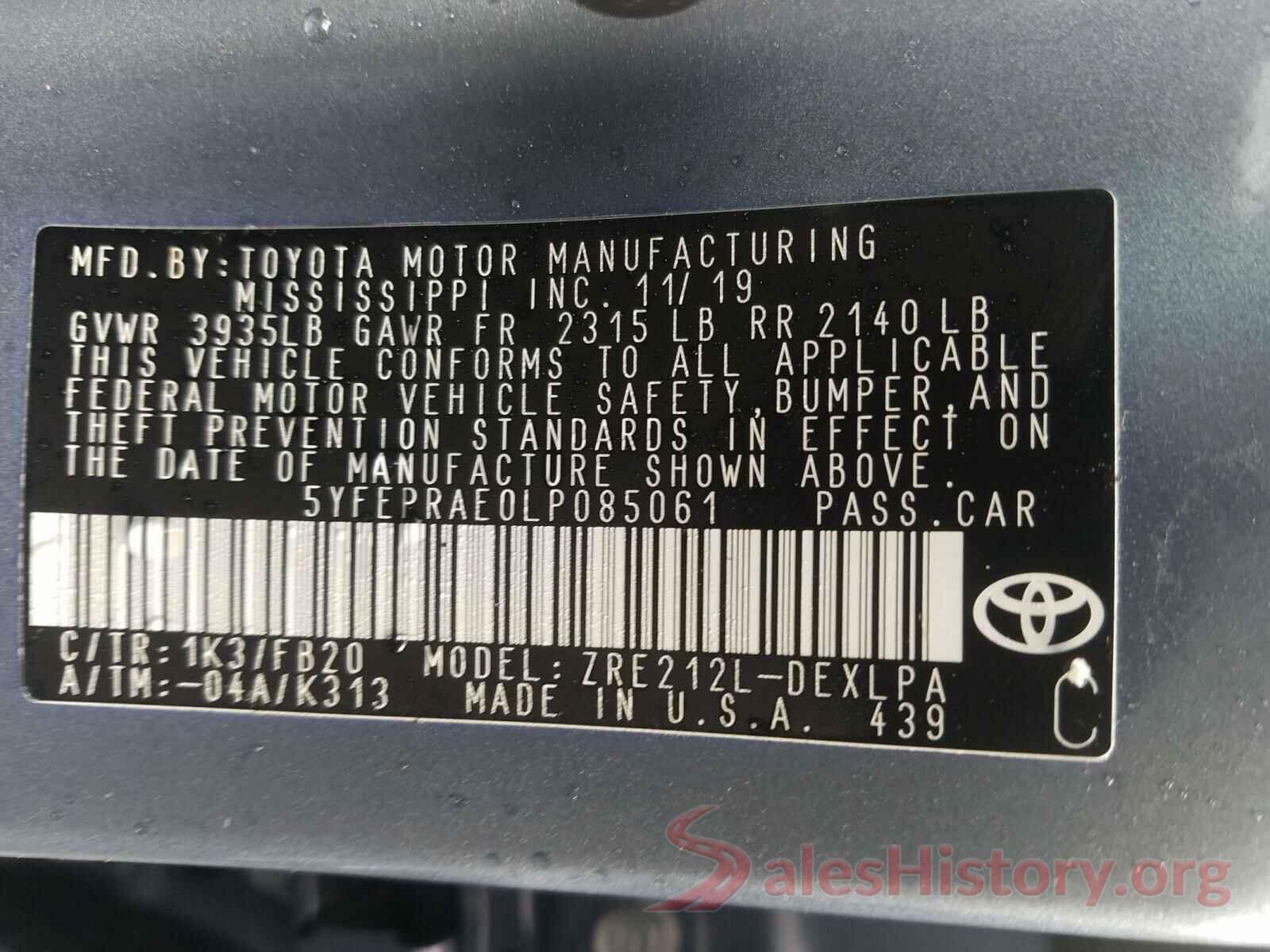 5YFEPRAE0LP085061 2020 TOYOTA COROLLA