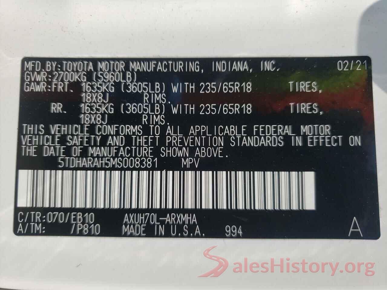 5TDHARAH5MS008381 2021 TOYOTA HIGHLANDER