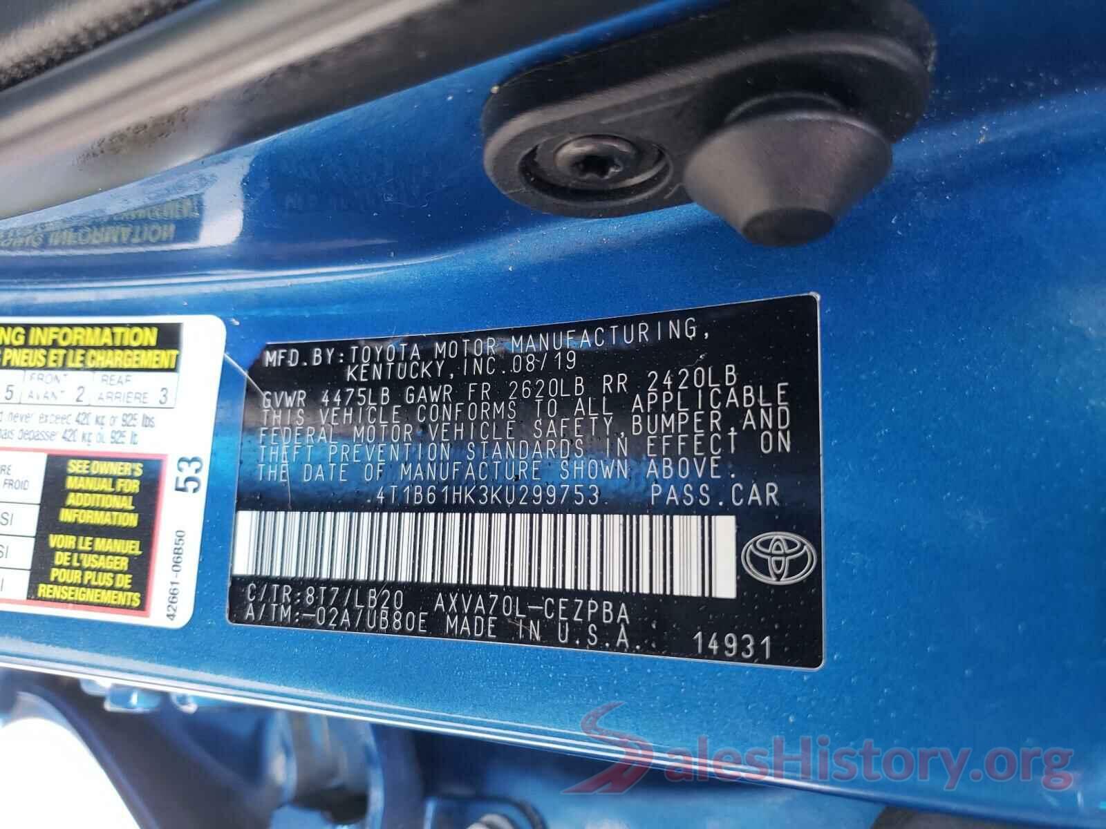 4T1B61HK3KU299753 2019 TOYOTA CAMRY