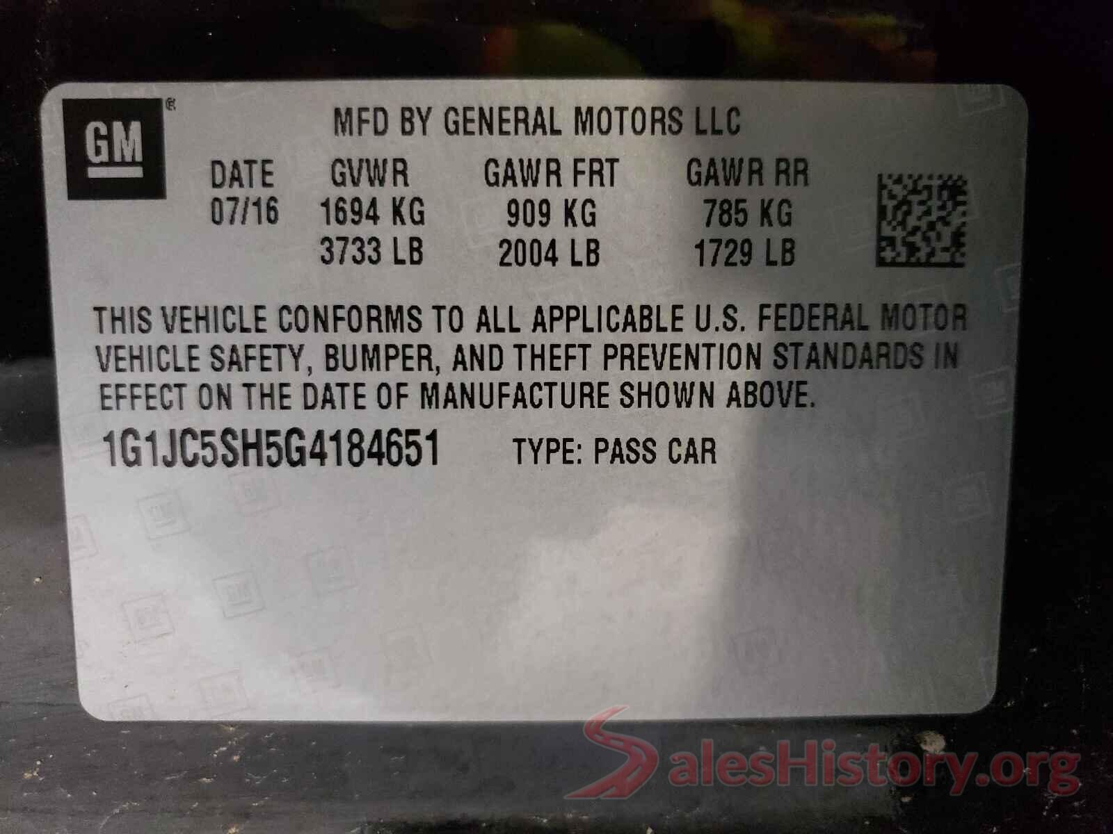 1G1JC5SH5G4184651 2016 CHEVROLET SONIC