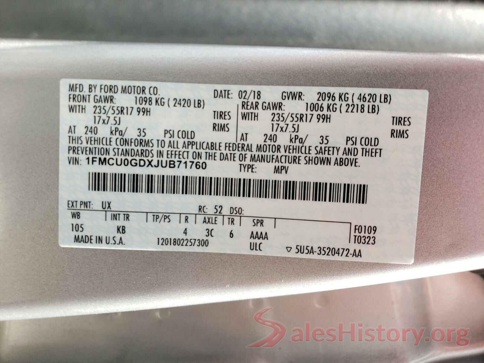 1FMCU0GDXJUB71760 2018 FORD ESCAPE