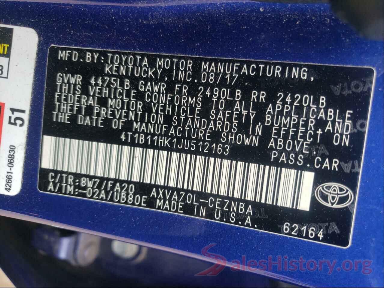 4T1B11HK1JU512163 2018 TOYOTA CAMRY