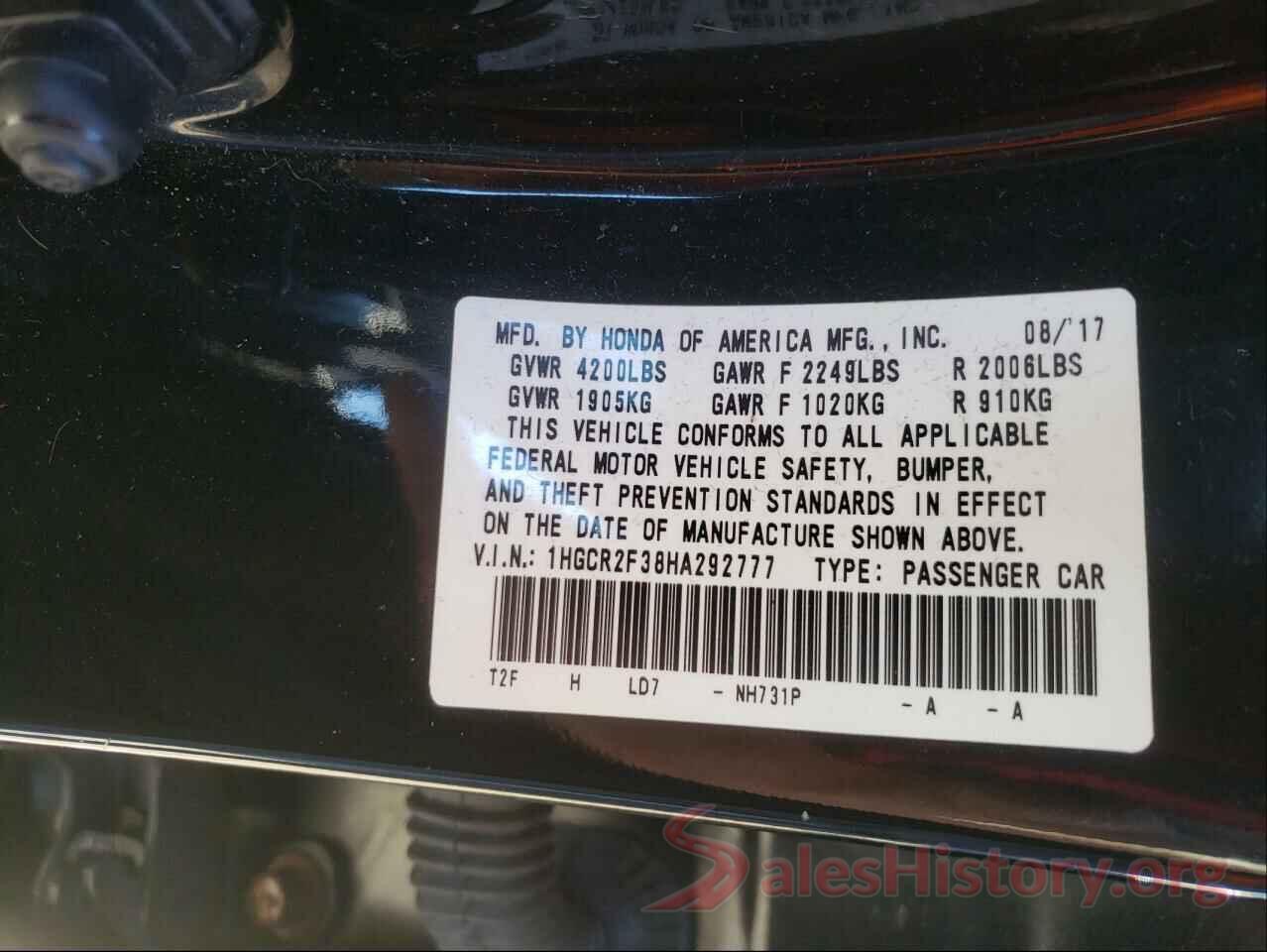 1HGCR2F38HA292777 2017 HONDA ACCORD