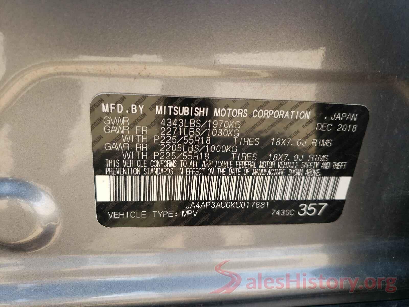 JA4AP3AU0KU017681 2019 MITSUBISHI OUTLANDER