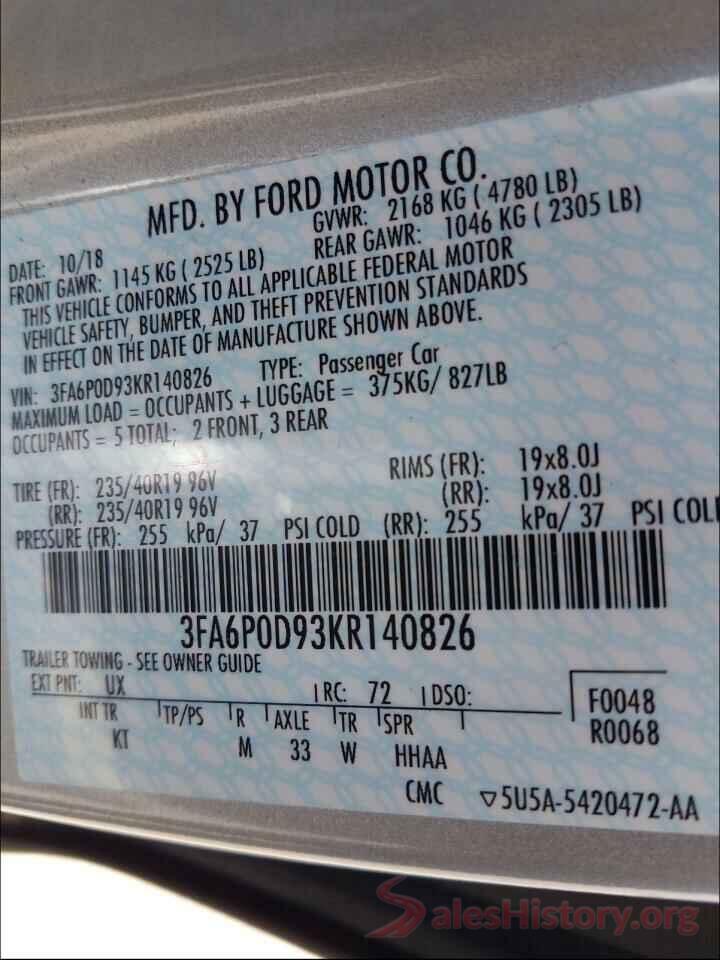 3FA6P0D93KR140826 2019 FORD FUSION