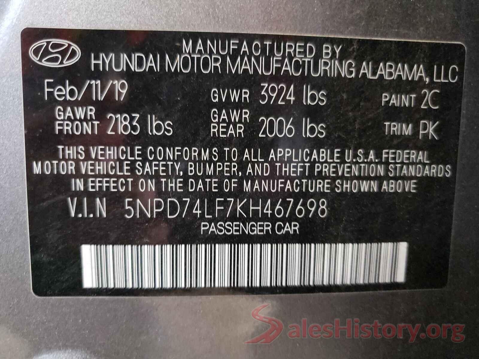 5NPD74LF7KH467698 2019 HYUNDAI ELANTRA