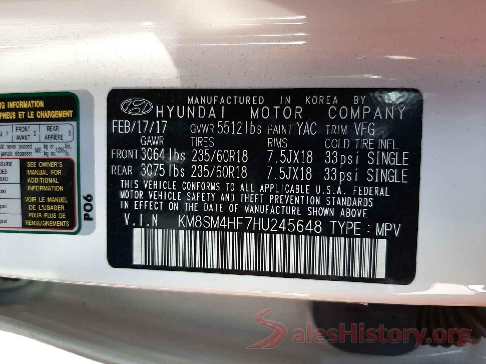 KM8SM4HF7HU245648 2017 HYUNDAI SANTA FE