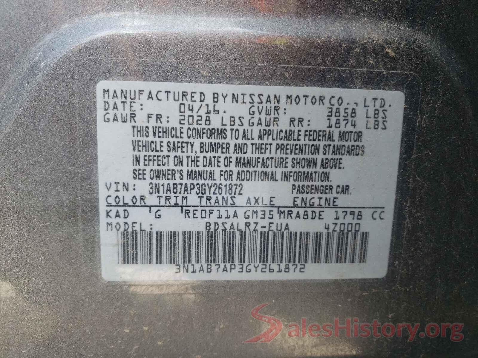 3N1AB7AP3GY261872 2016 NISSAN SENTRA