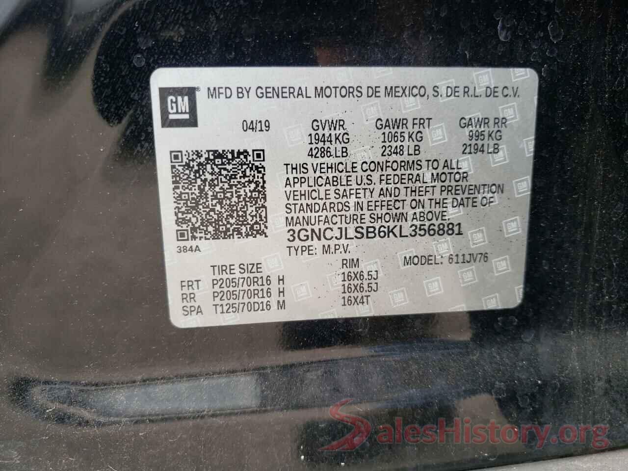 3GNCJLSB6KL356881 2019 CHEVROLET TRAX