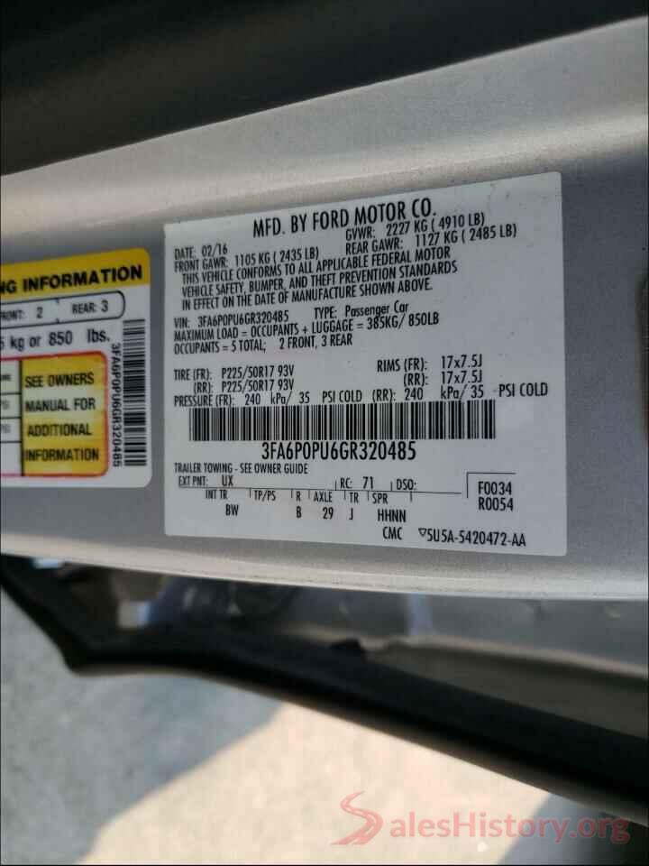 3FA6P0PU6GR320485 2016 FORD FUSION