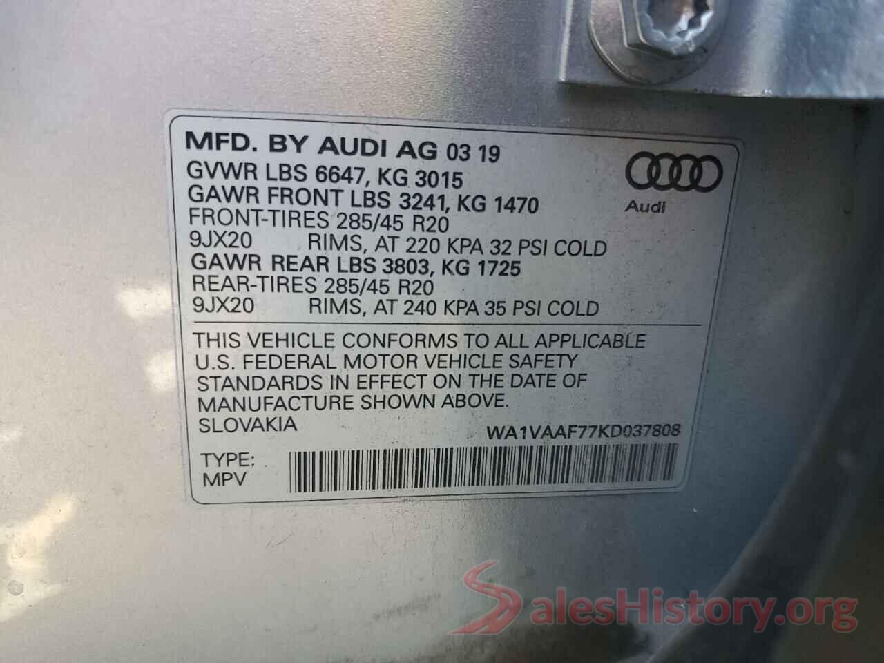 WA1VAAF77KD037808 2019 AUDI Q7